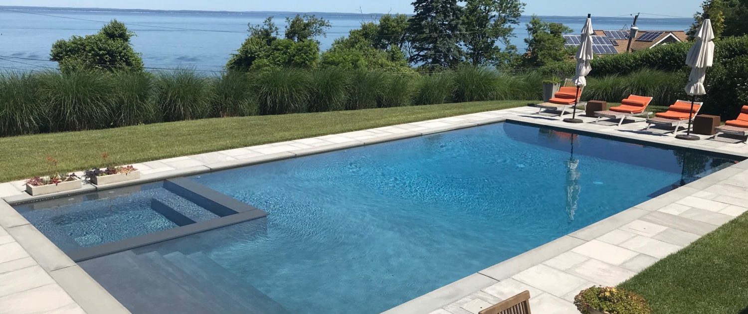 Corner Spa Gunite Pool Blue Ice Patio in Shelter Island – Patricks ...